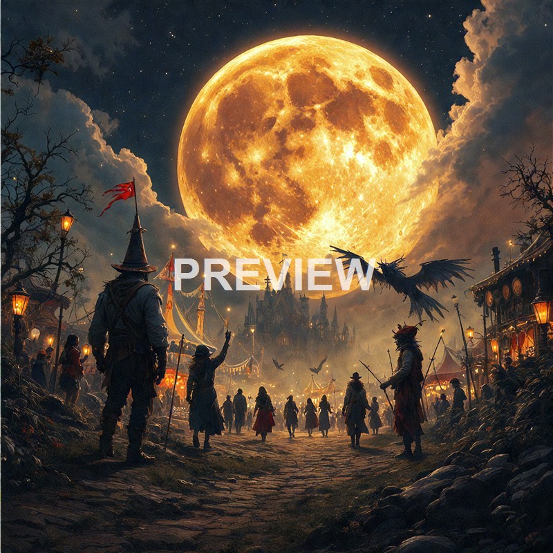 A fantastical scene depicting a lively medieval-style fairground or gathering under a massive, glowing full moon, with characters dressed in costumes, tents, and a large castle silhouette in the background.